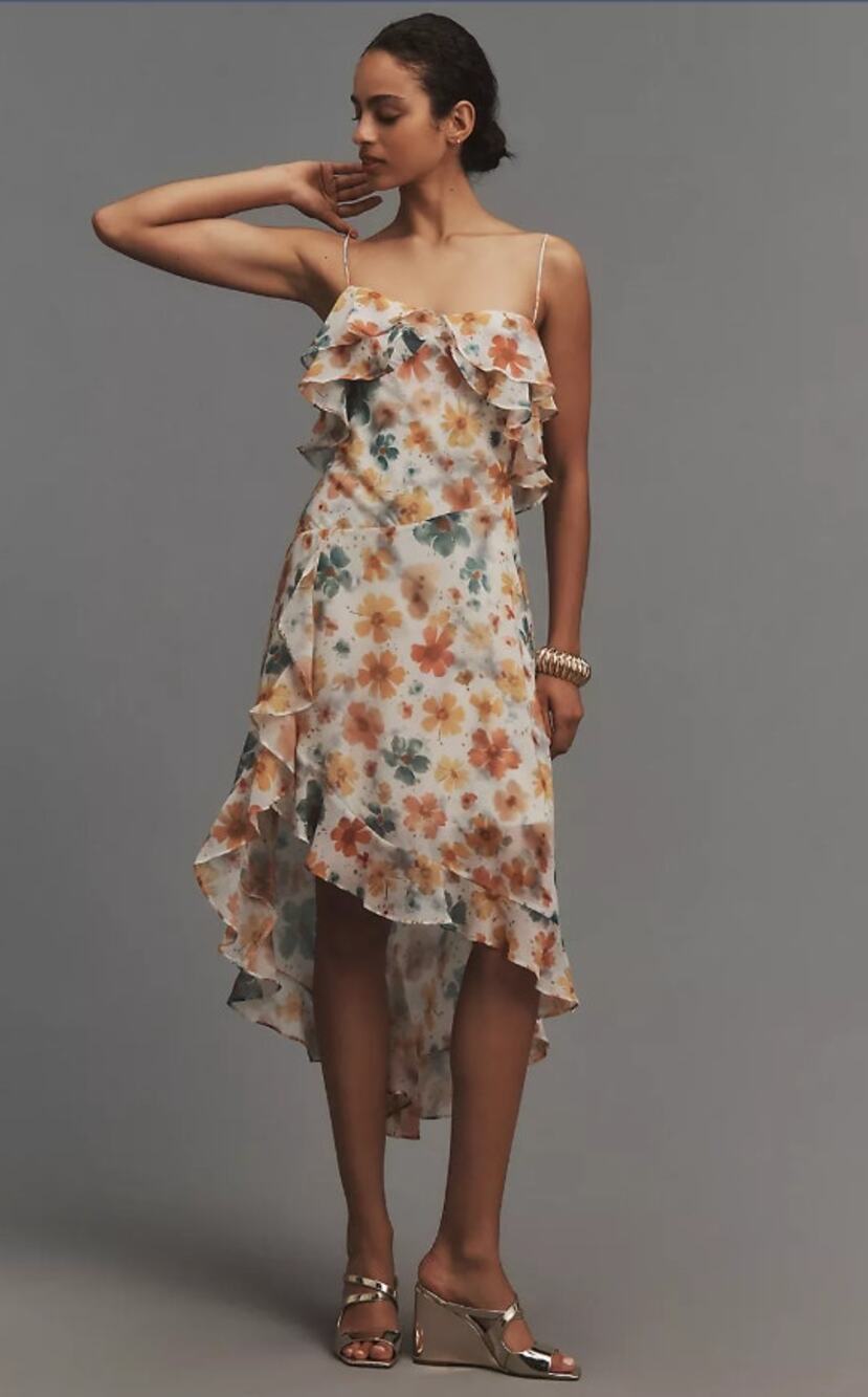 EUC Anthropologie Floral Asymmetric Ruffled Midi Dress - XL